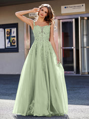 A-line Square Floor length Tulle Prom Dresses Dusty Sage Plus Size