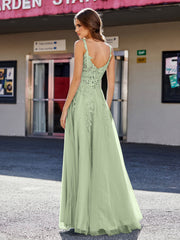 A-line Square Floor length Tulle Prom Dresses Dusty Sage Plus Size