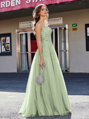 A-line Square Floor length Tulle Prom Dresses Dusty Sage Plus Size