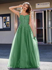A-line Square Floor length Tulle Prom Dresses Emerald