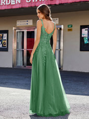 A-line Square Floor length Tulle Prom Dresses Emerald Plus Size