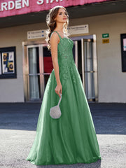 A-line Square Floor length Tulle Prom Dresses Emerald