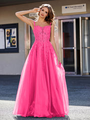 A-line Square Floor length Tulle Prom Dresses Fuchsia
