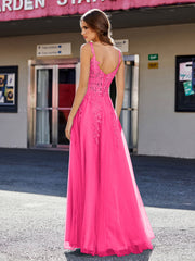 A-line Square Floor length Tulle Prom Dresses Fuchsia Plus Size