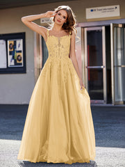 A-line Square Floor length Tulle Prom Dresses Gold