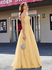 A-line Square Floor length Tulle Prom Dresses Gold Plus Size