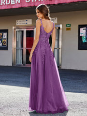 A-line Square Floor length Tulle Prom Dresses Grape Plus Size