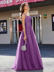 A-line Square Floor length Tulle Prom Dresses Grape