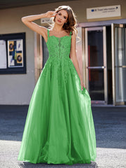 A-line Square Floor length Tulle Prom Dresses Green