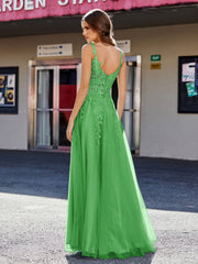 A-line Square Floor length Tulle Prom Dresses Green Plus Size