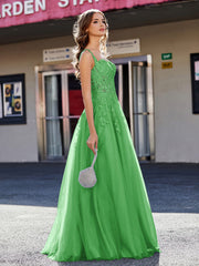 A-line Square Floor length Tulle Prom Dresses Green Plus Size