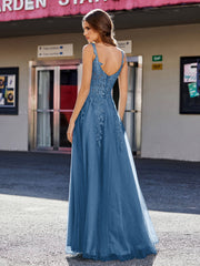 A-line Square Floor length Tulle Prom Dresses Ink Blue