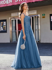 A-line Square Floor length Tulle Prom Dresses Ink Blue
