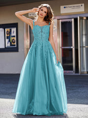 A-line Square Floor length Tulle Prom Dresses Jade Plus Size