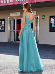 A-line Square Floor length Tulle Prom Dresses Jade Plus Size