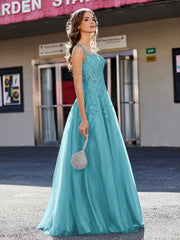 A-line Square Floor length Tulle Prom Dresses Jade Plus Size