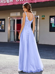A-line Square Floor length Tulle Prom Dresses Lavender