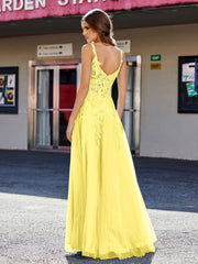 A-line Square Floor length Tulle Prom Dresses Lemon Plus Size