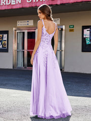 A-line Square Floor length Tulle Prom Dresses Lilac Plus Size