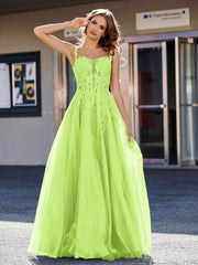 A-line Square Floor length Tulle Prom Dresses Lime Green Plus Size
