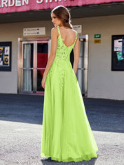 A-line Square Floor length Tulle Prom Dresses Lime Green Plus Size