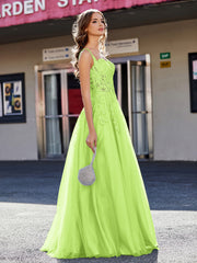 A-line Square Floor length Tulle Prom Dresses Lime Green Plus Size