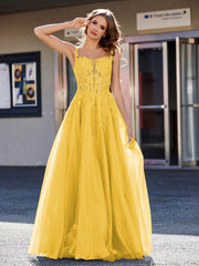 A-line Square Floor length Tulle Prom Dresses Marigold