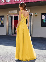 A-line Square Floor length Tulle Prom Dresses Marigold