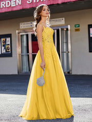 A-line Square Floor length Tulle Prom Dresses Marigold Plus Size