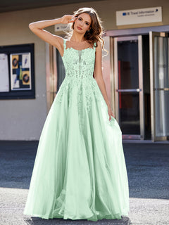 A-line Square Floor length Tulle Prom Dresses Mint Green