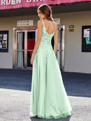 A-line Square Floor length Tulle Prom Dresses Mint Green