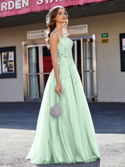 A-line Square Floor length Tulle Prom Dresses Mint Green