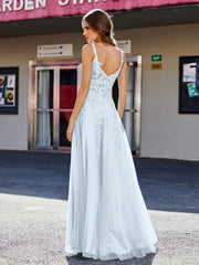 A-line Square Floor length Tulle Prom Dresses Mist