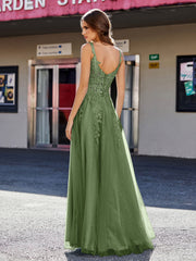 A-line Square Floor length Tulle Prom Dresses Moss