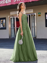 A-line Square Floor length Tulle Prom Dresses Moss Plus Size