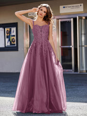 A-line Square Floor length Tulle Prom Dresses Mulberry