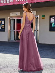 A-line Square Floor length Tulle Prom Dresses Mulberry