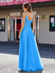 A-line Square Floor length Tulle Prom Dresses Ocean Blue Plus Size