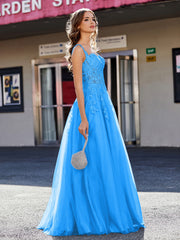 A-line Square Floor length Tulle Prom Dresses Ocean Blue Plus Size