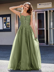 A-line Square Floor length Tulle Prom Dresses Olive Green