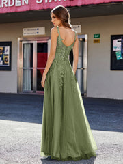 A-line Square Floor length Tulle Prom Dresses Olive Green Plus Size