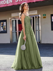 A-line Square Floor length Tulle Prom Dresses Olive Green Plus Size