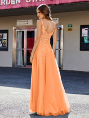 A-line Square Floor length Tulle Prom Dresses Orange Plus Size