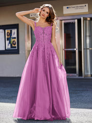 A-line Square Floor length Tulle Prom Dresses Orchid