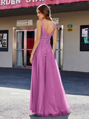 A-line Square Floor length Tulle Prom Dresses Orchid