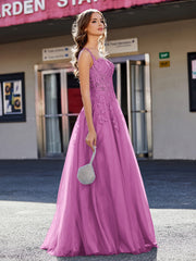 A-line Square Floor length Tulle Prom Dresses Orchid