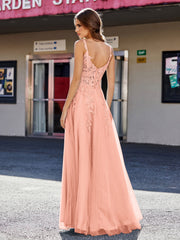 A-line Square Floor length Tulle Prom Dresses Papaya Plus Size