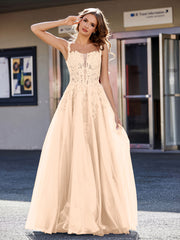 A-line Square Floor length Tulle Prom Dresses Peach