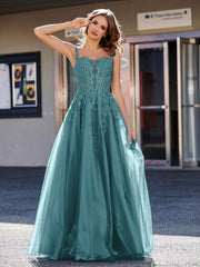 A-line Square Floor length Tulle Prom Dresses Peacock Plus Size