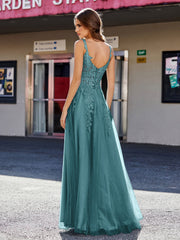 A-line Square Floor length Tulle Prom Dresses Peacock Plus Size